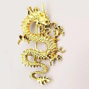 Dragon Brooch Pin Gold Chinese Folklore Mythology Wise Stylish Unisex Lucky Gold